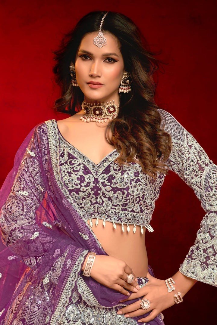 Enchanting Wine Embroidered Choli with Lehenga by B Girl