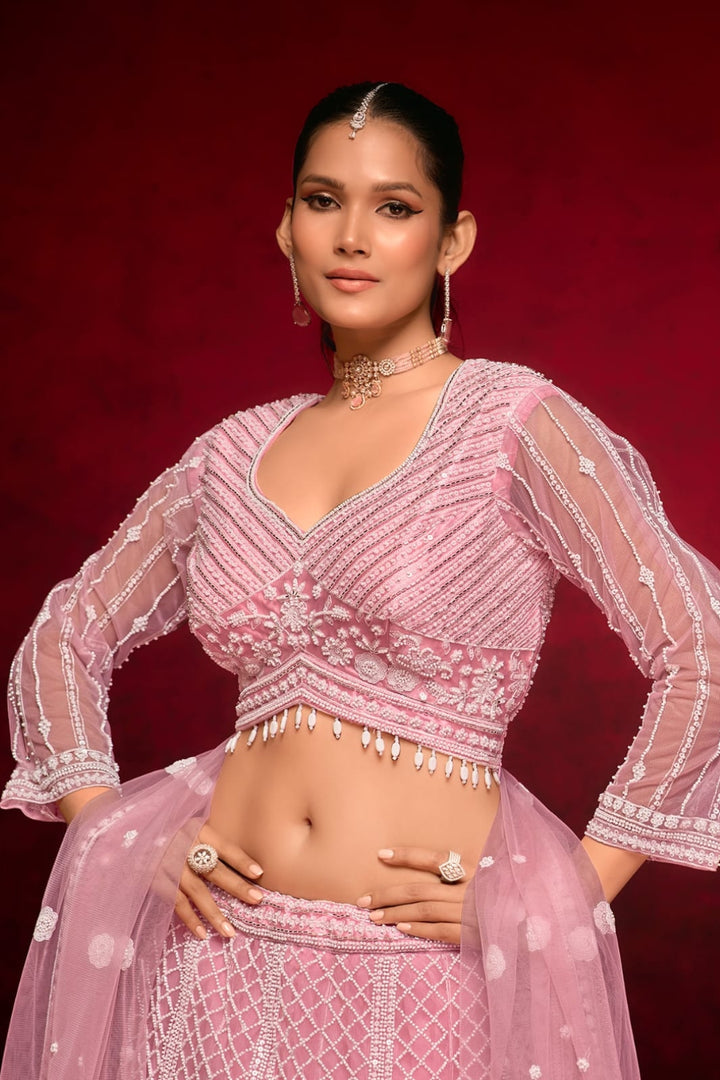 Blush Pink Embroidered Lehenga Choli with Sheer Dupatta by B Girl
