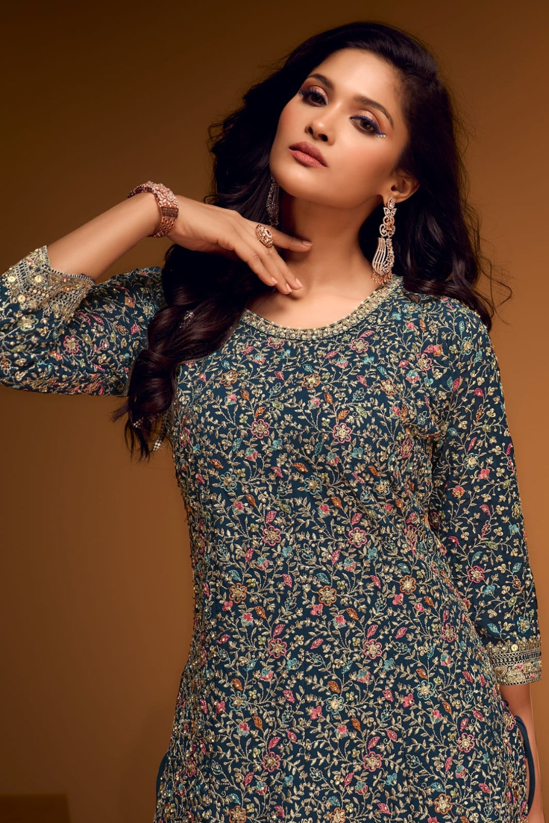 Enchanting Navy Blue Floral Anarkali by B Girl