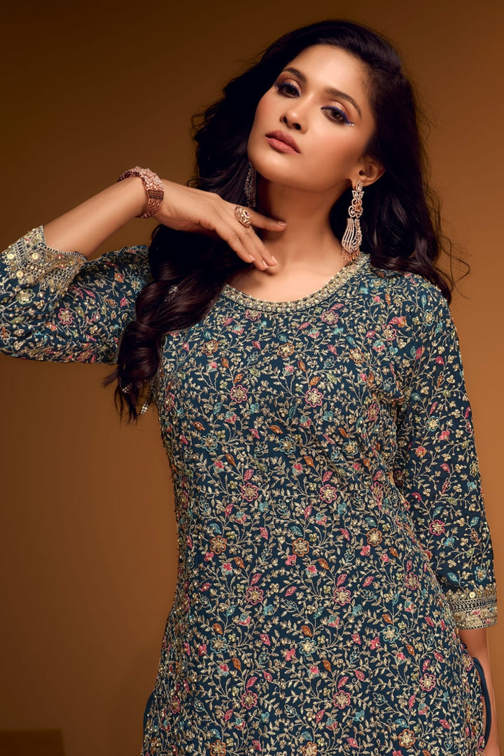 Enchanting Navy Blue Floral Anarkali by B Girl