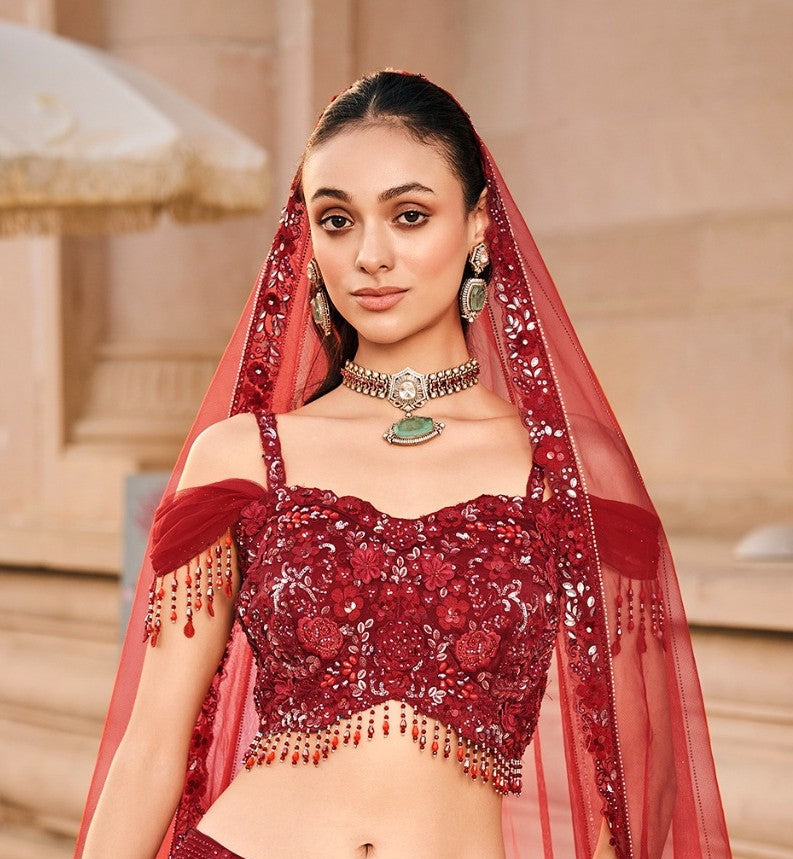 Radiant Red Embellished Choli with Lehenga by B Girl