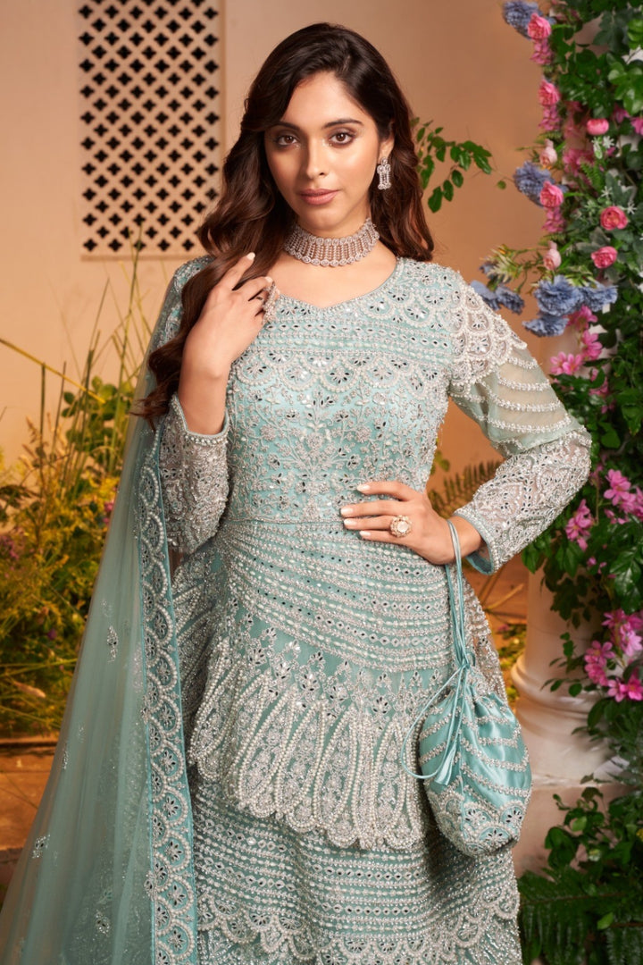 Serene Aqua Embroidered Gown with Graceful Detailing