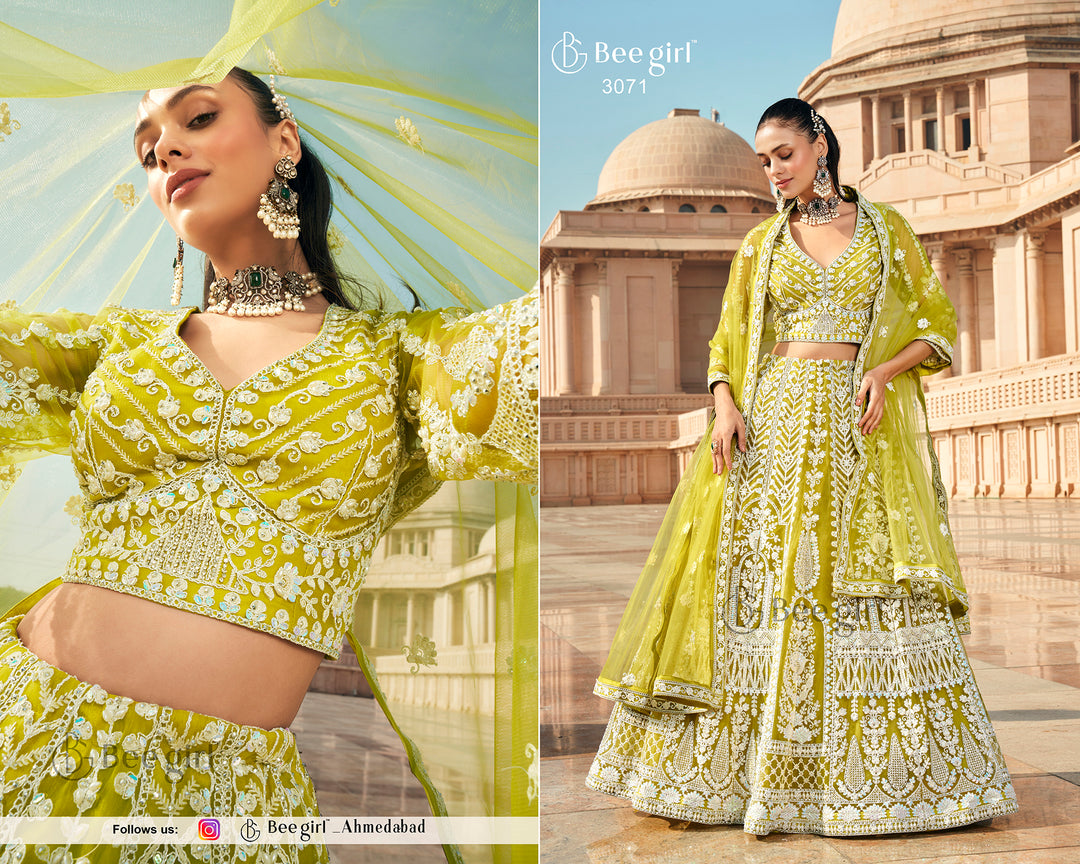 Elegant Lime Green Embroidered Lehenga Set