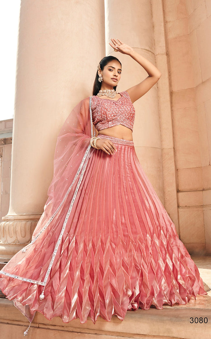 Modern Pleated Peach Lehenga Set with Embellished Blouse