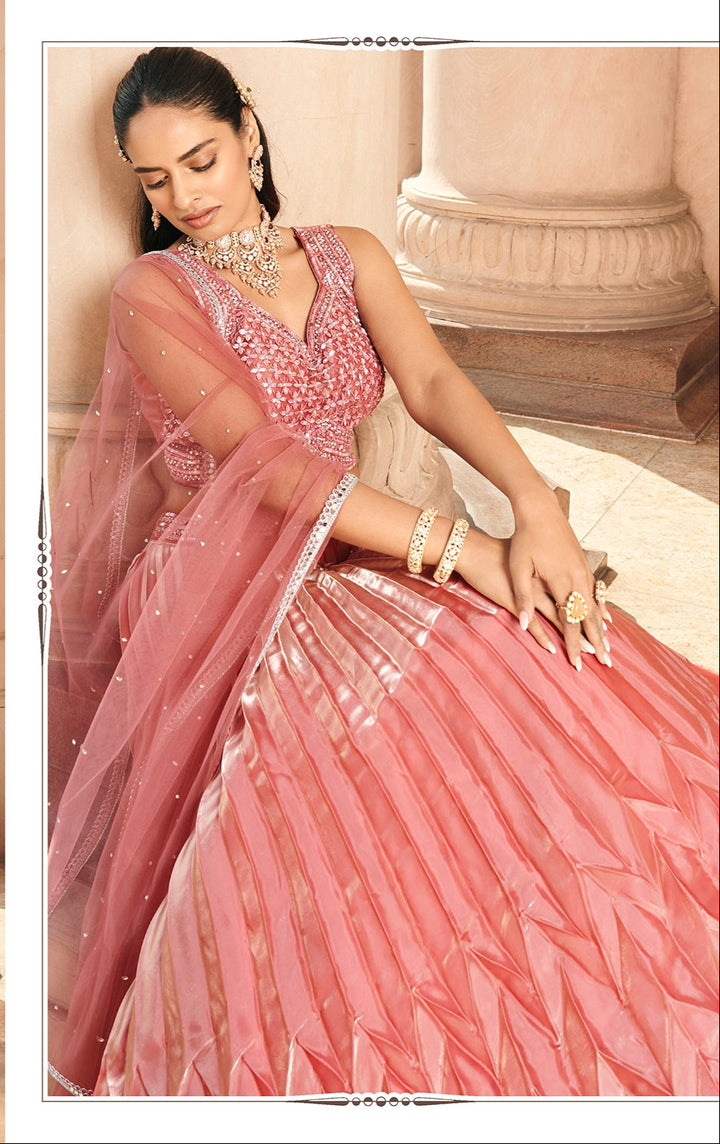 Modern Pleated Peach Lehenga Set with Embellished Blouse