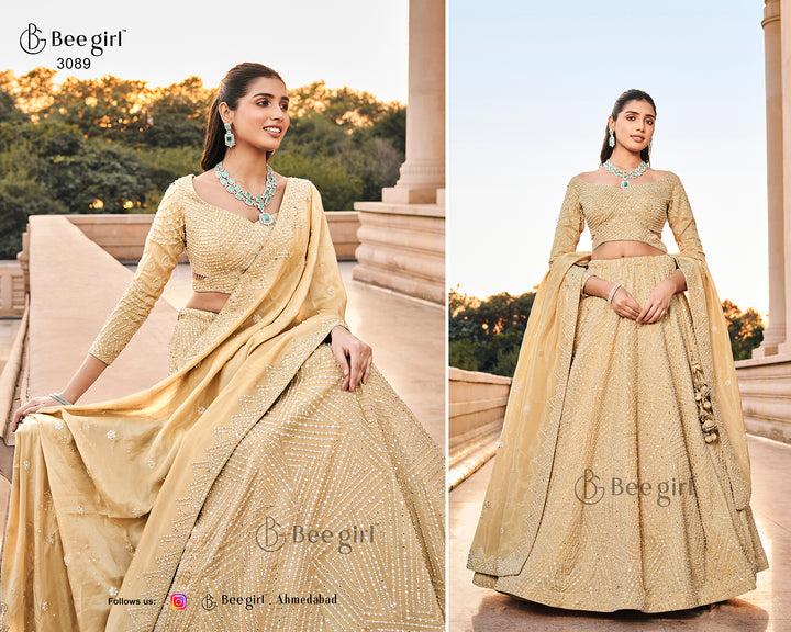 Golden Beige Off-Shoulder Embellished Lehenga Set
