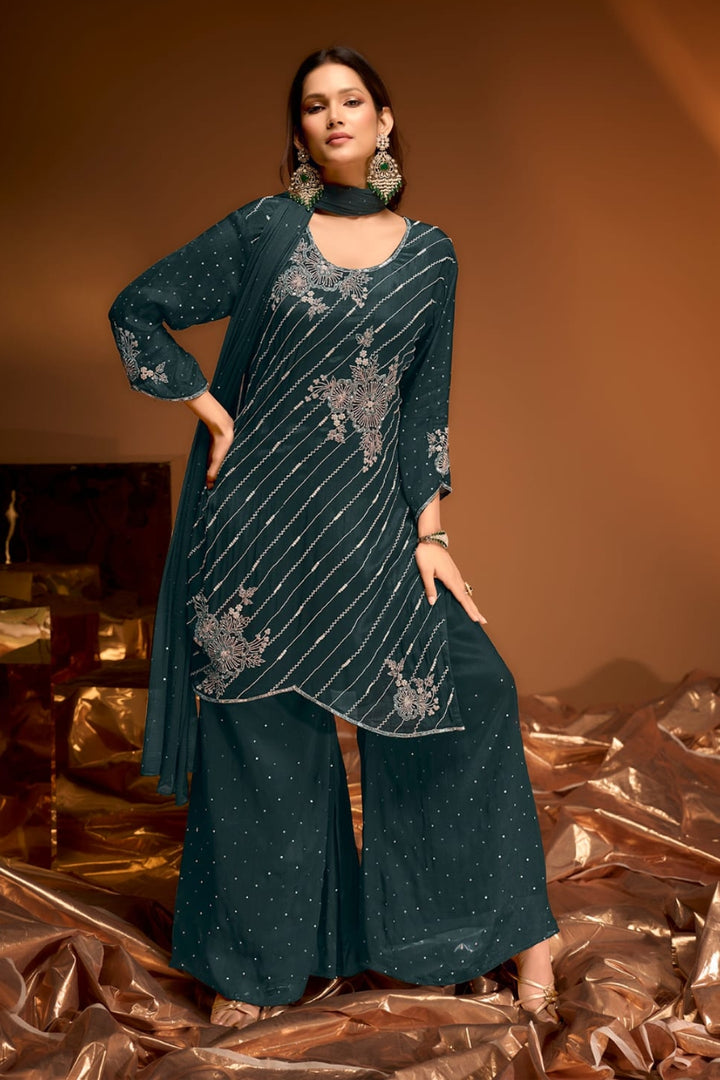 Royal Blue Embroidered Sharara Set by B Girl