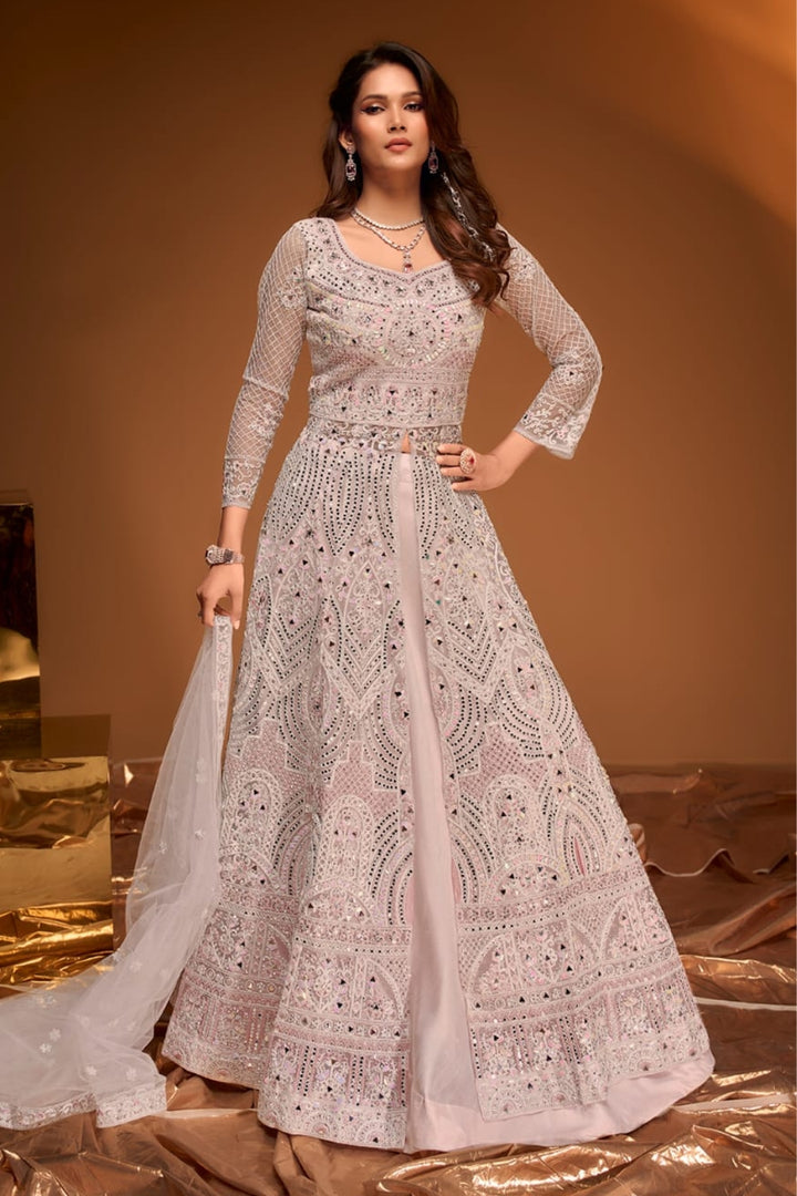 Enchanting Blush Pink Mirror Work Choli with Lehenga