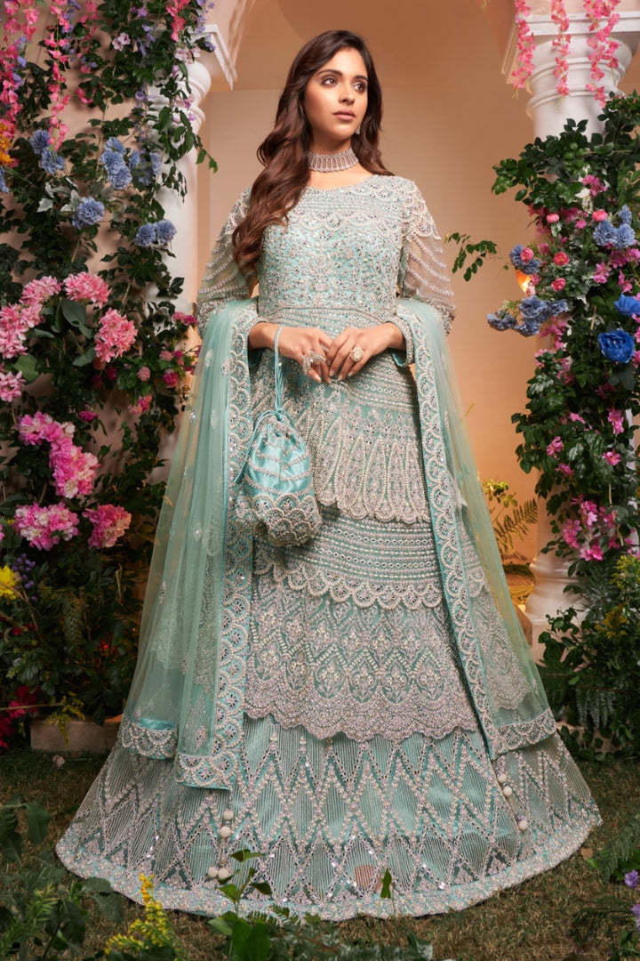 Serene Aqua Embroidered Gown with Graceful Detailing