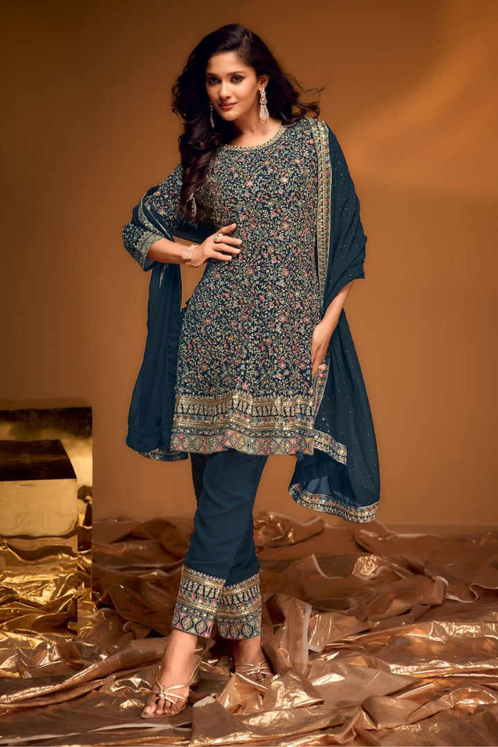 Enchanting Navy Blue Floral Anarkali by B Girl