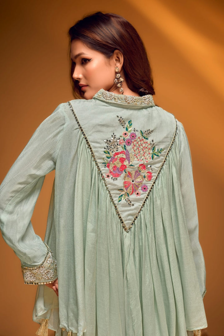 Chic Pista Green Embroidered Western Set by B Girl