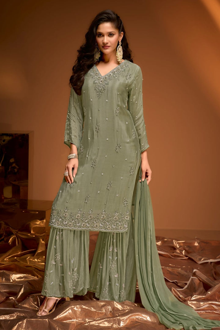 Mehendi Green Embroidered Sharara Set by B Girl