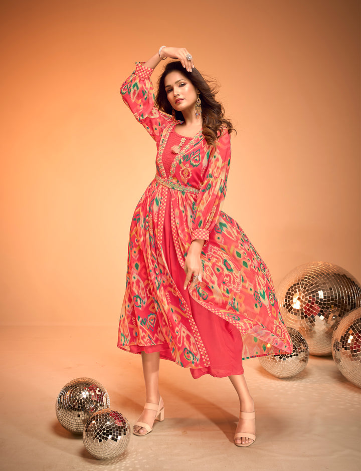 Sunset Coral Ikat Print Dress with Sharara