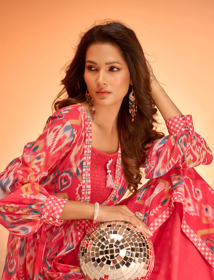 Sunset Coral Ikat Print Dress with Sharara