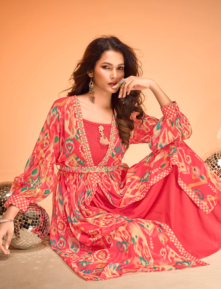 Sunset Coral Ikat Print Dress with Sharara