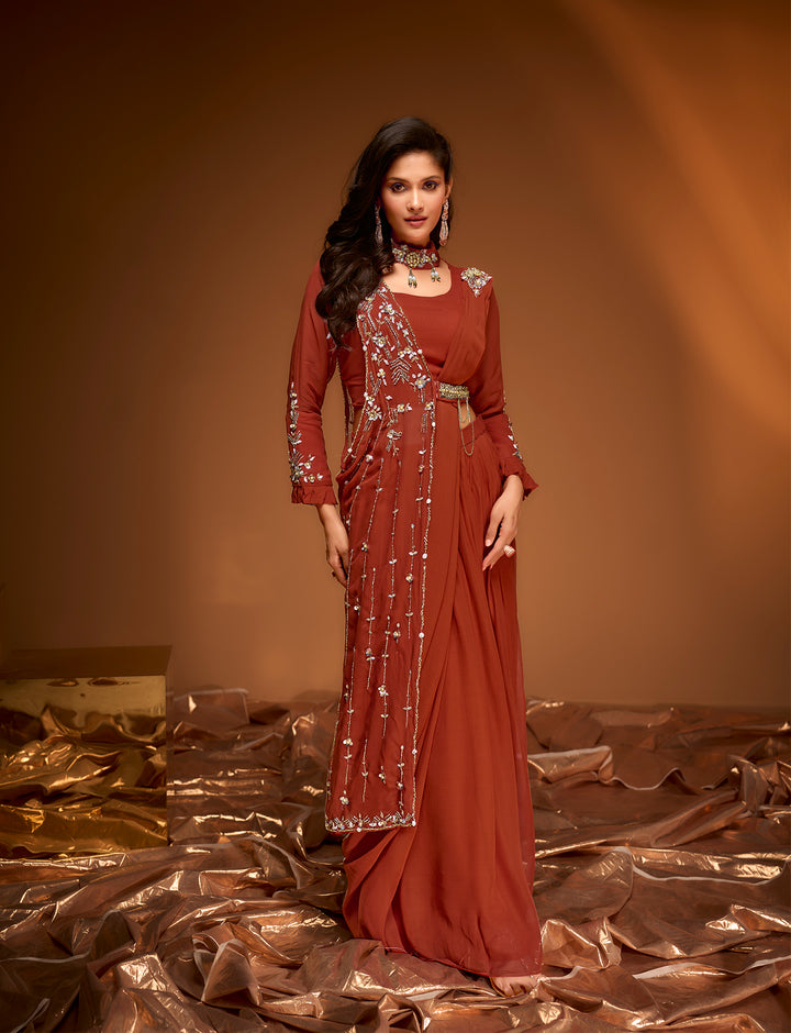 Regal Rust Embroidered Gown with Flowing Cape