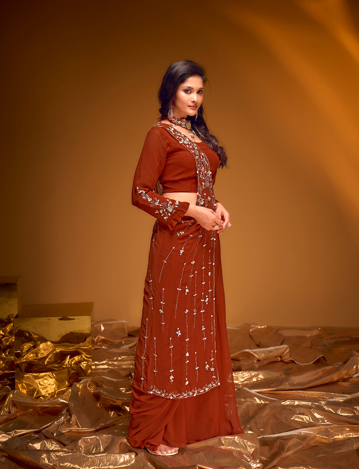 Regal Rust Embroidered Gown with Flowing Cape