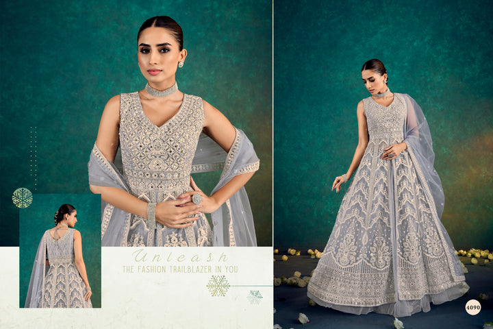 Elegant Silver Grey Embroidered Indo Western