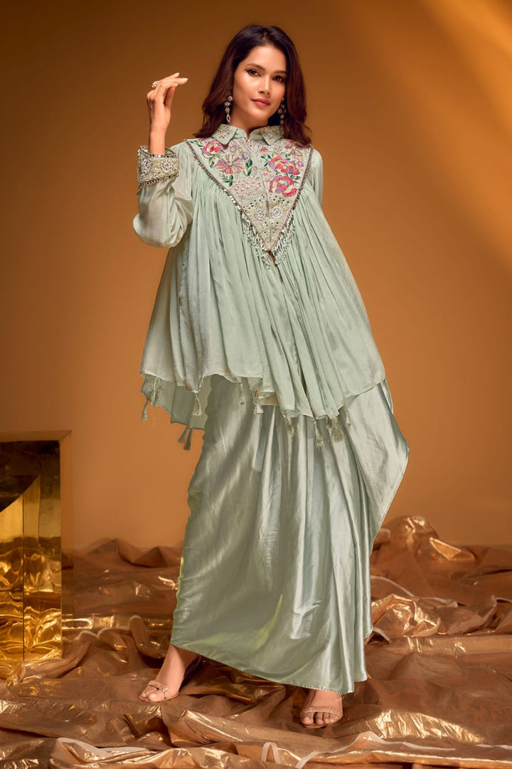 Chic Pista Green Embroidered Western Set by B Girl