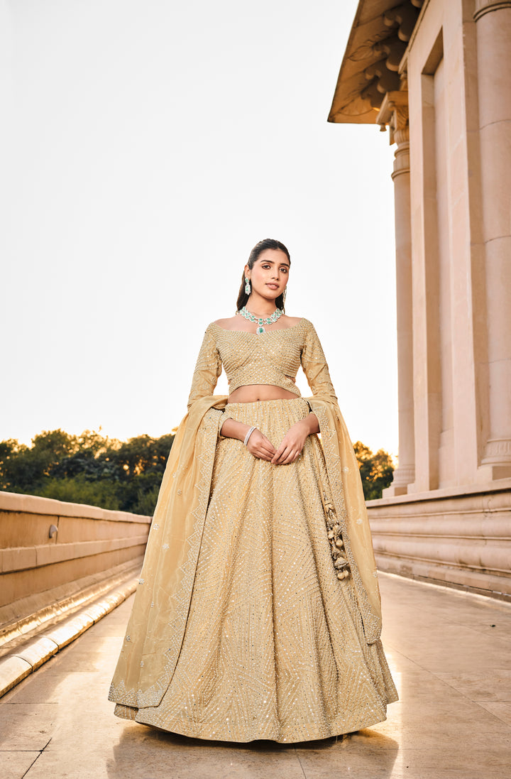 Golden Beige Off-Shoulder Embellished Lehenga Set