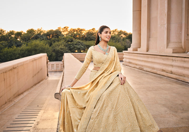 Golden Beige Off-Shoulder Embellished Lehenga Set