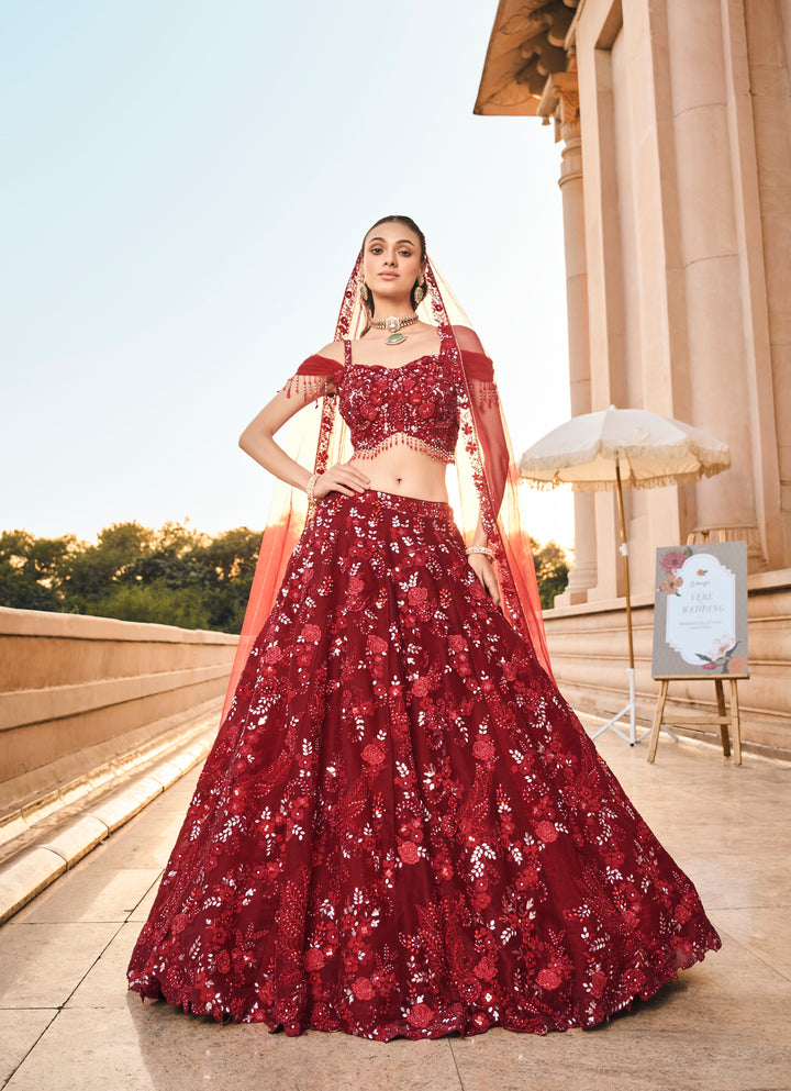 Deep Red Embellished Bridal Lehenga Set