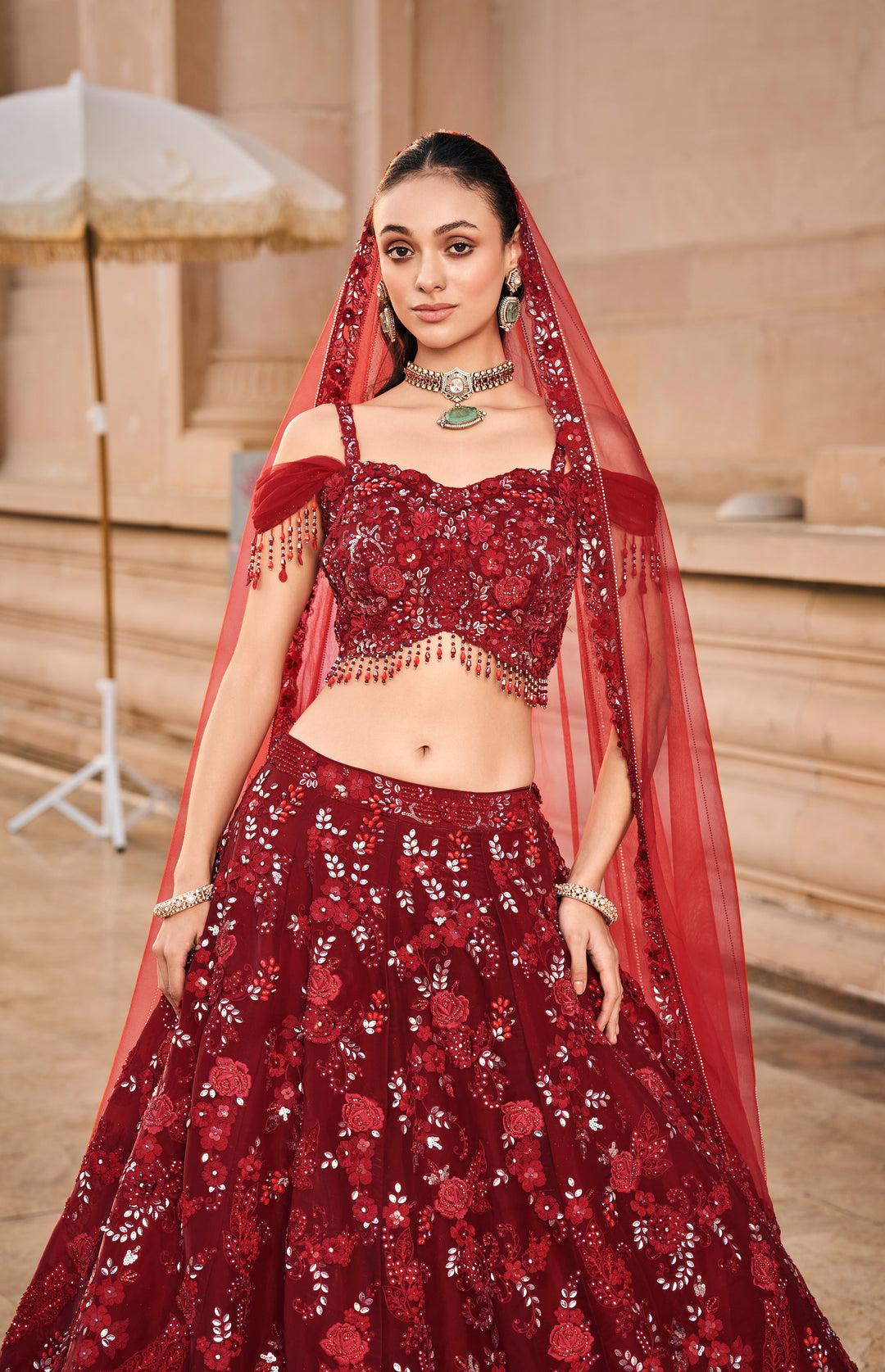 Deep Red Embellished Bridal Lehenga Set