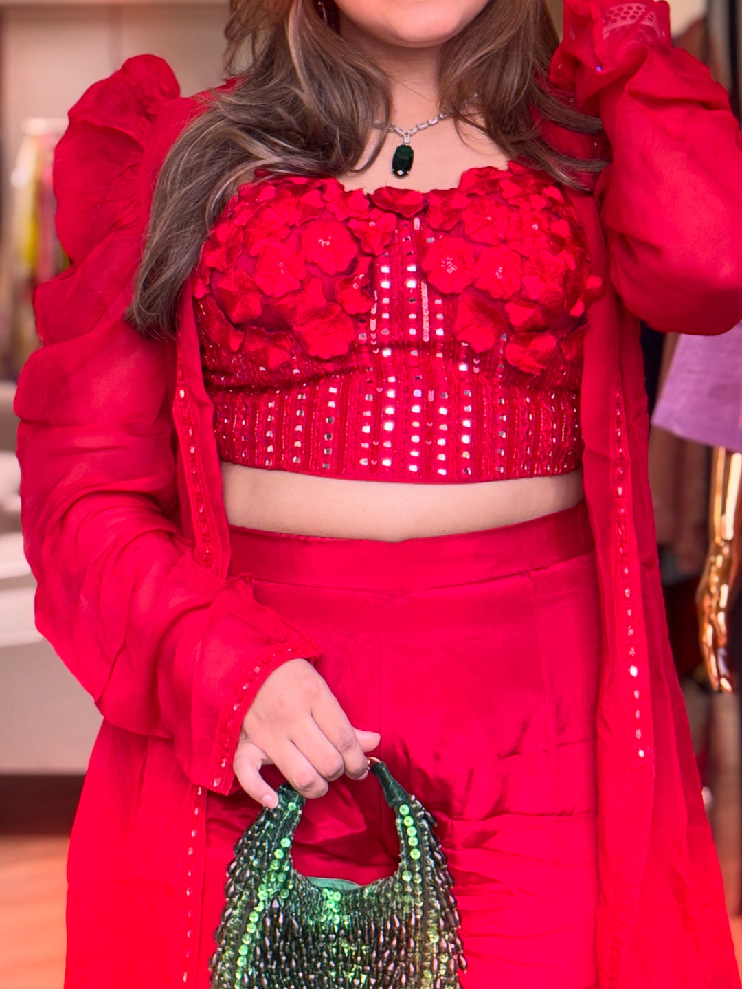 Designer Red Floral Co-Ord Set with Sheer Jacket