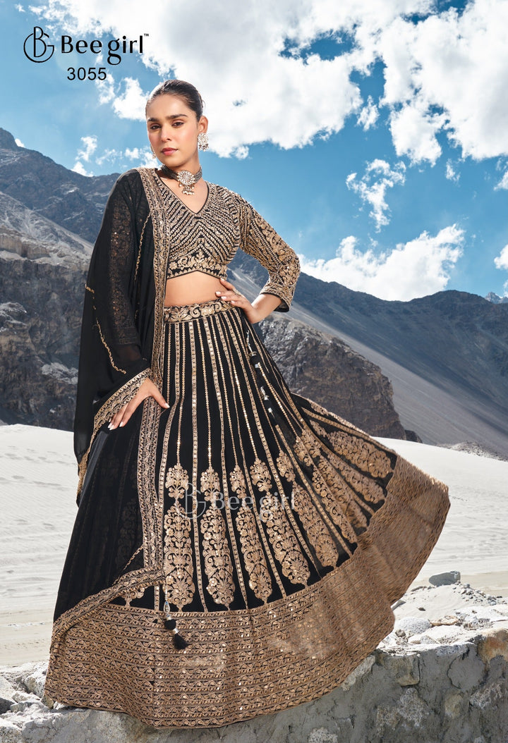 Black and Antique Gold Embroidered Lehenga Set with Net Dupatta