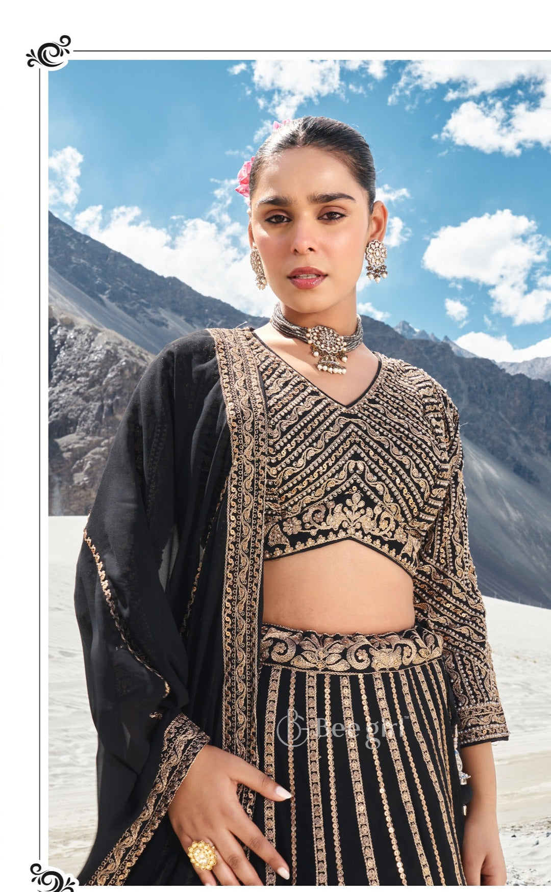 Black and Antique Gold Embroidered Lehenga Set with Net Dupatta
