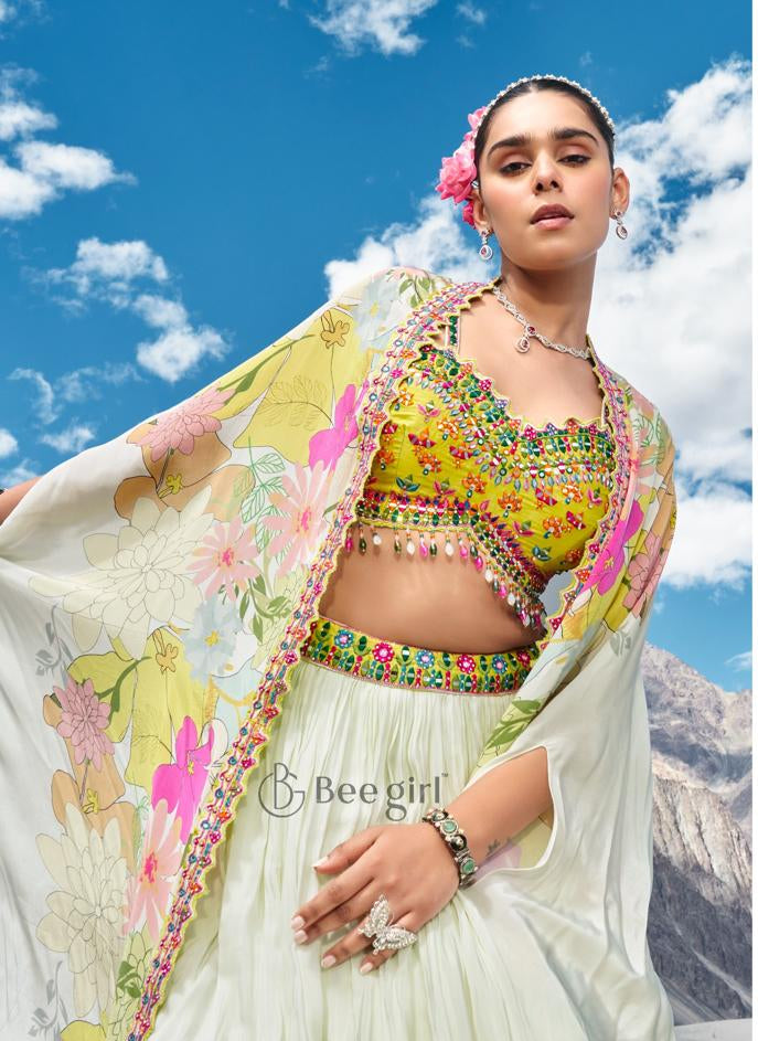 Bloom Vibe – Floral Embroidered Lehenga with Printed Cape