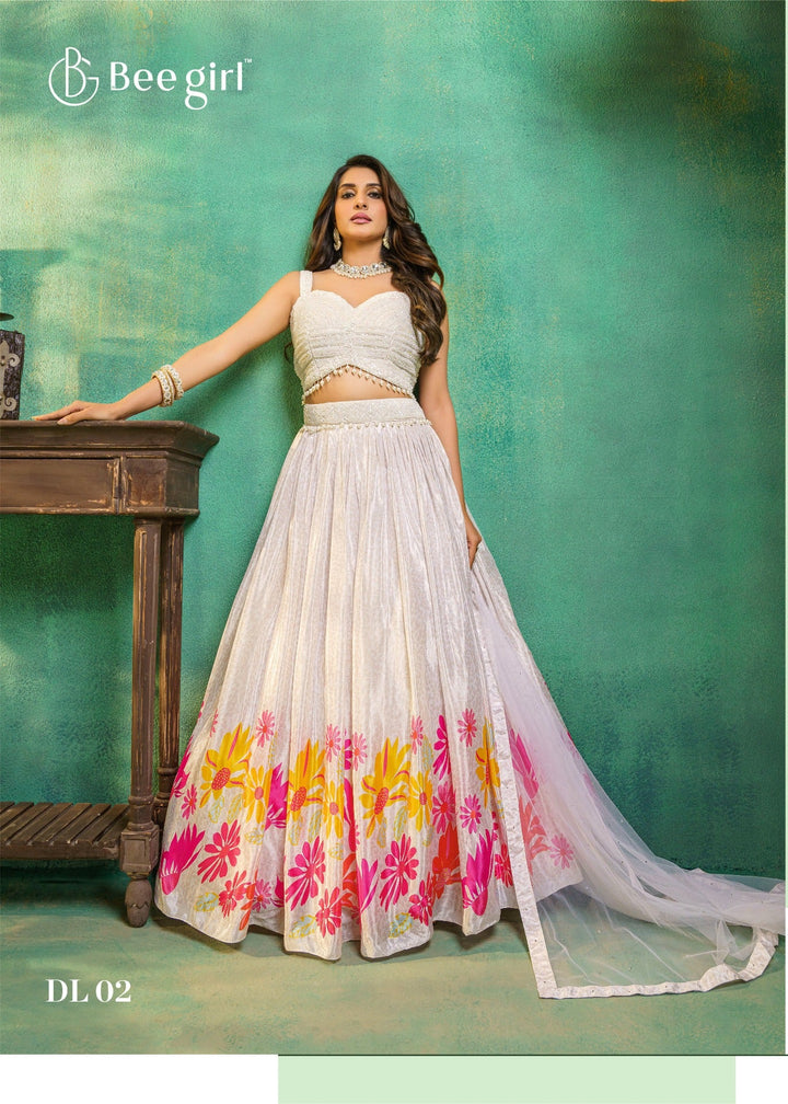 Off-White Lehenga with Floral Embroidery & Pearl Accent Blouse
