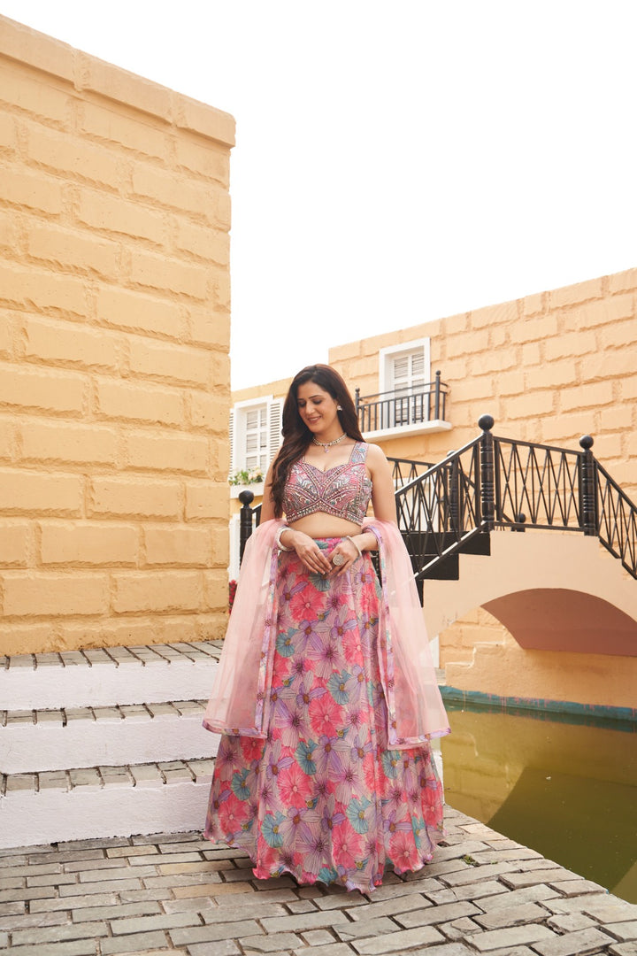 Blooming Pastel Multicolor Embroidered Lehenga Set