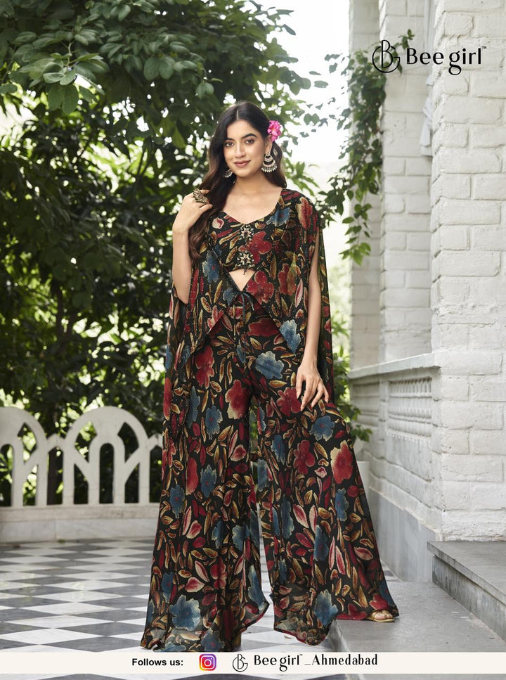 Floral Fusion Cape Jacket with Palazzo Pants