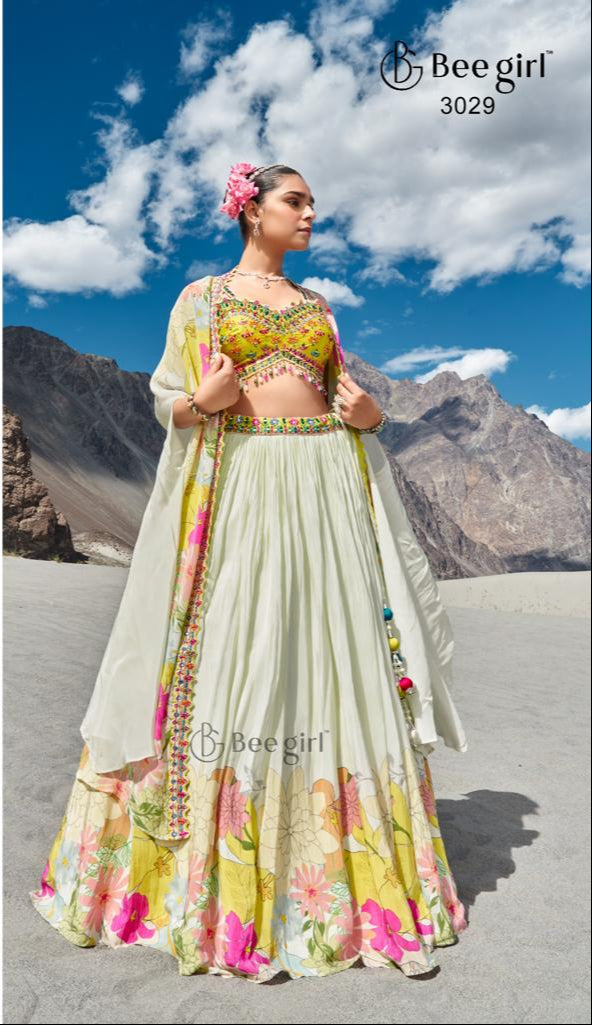 Bloom Vibe – Floral Embroidered Lehenga with Printed Cape