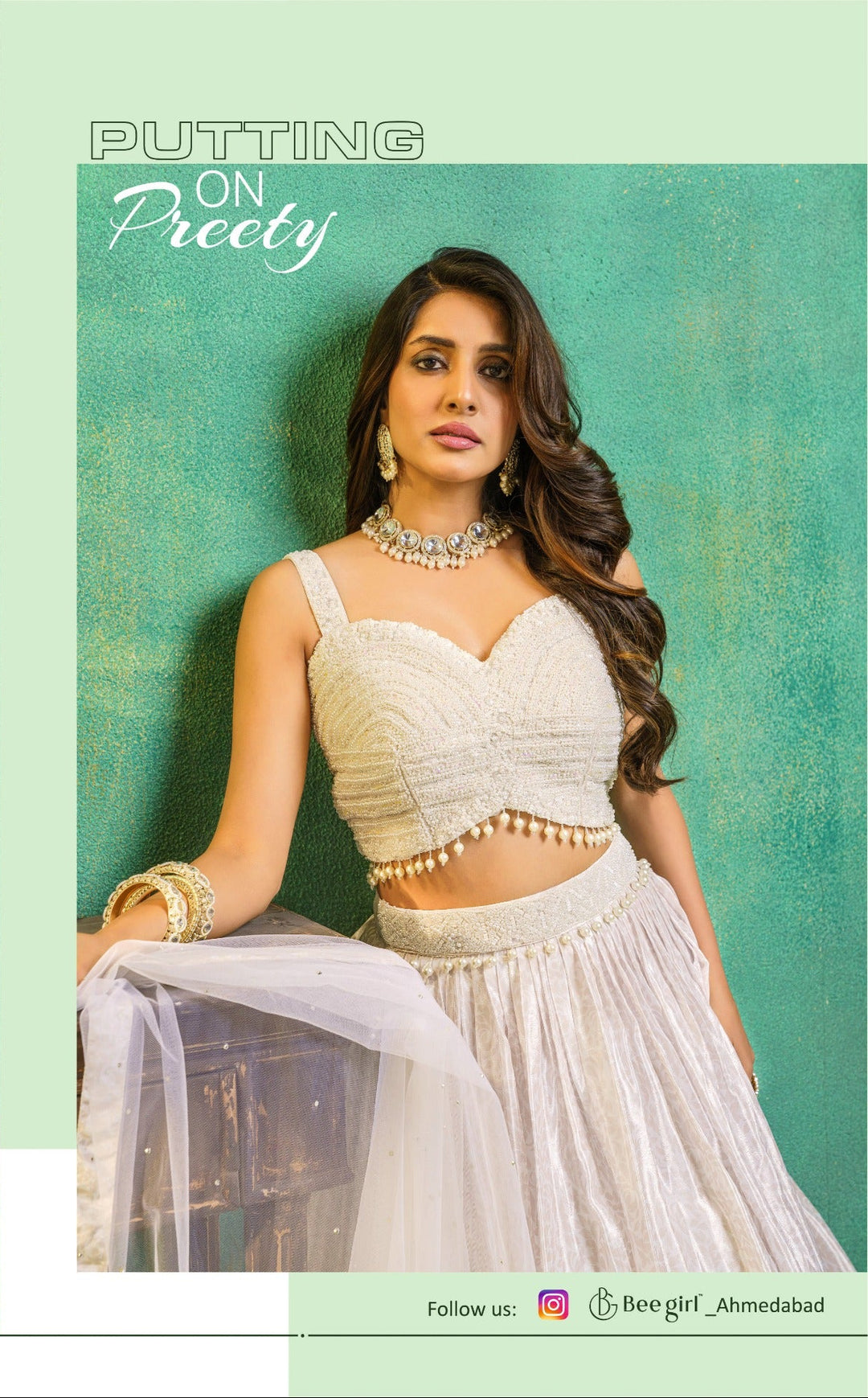 Off-White Lehenga with Floral Embroidery & Pearl Accent Blouse