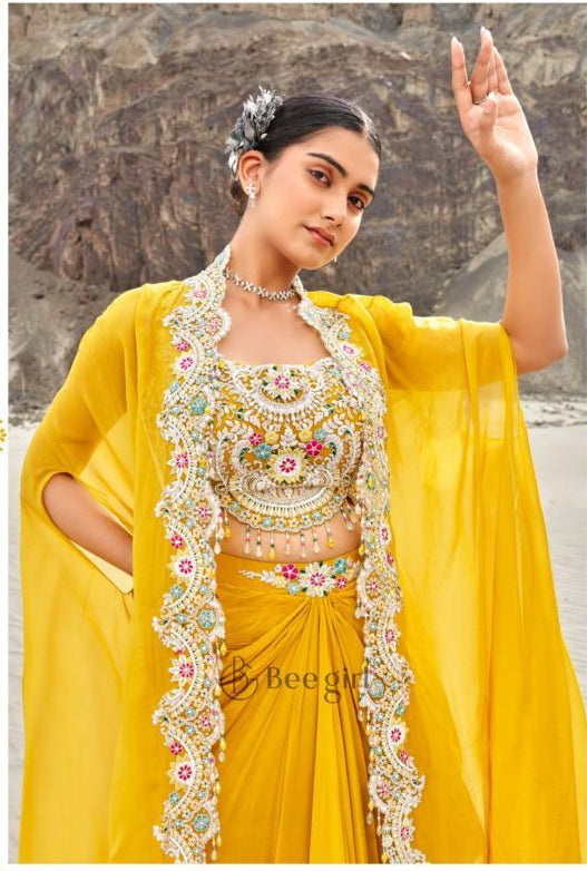 Yellow Embroidered Jacket Drape Set