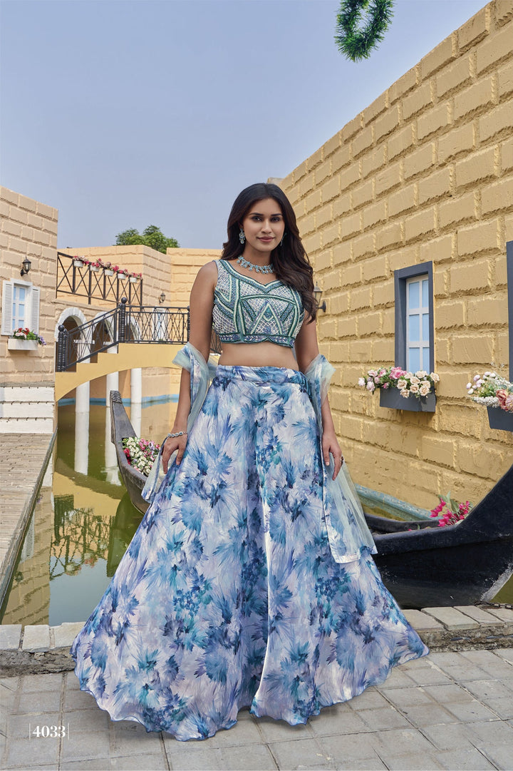 Blue Floral Printed Lehenga Choli with Embroidered Blouse & Net Dupatta