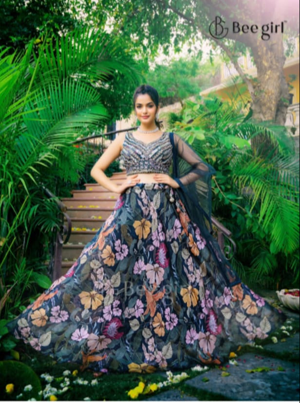 Floral Grace in Black – Designer Lehenga Set