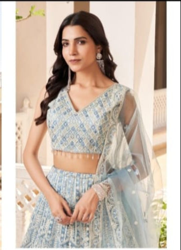 Sky Blue Diamond Embroidered Lehenga Set
