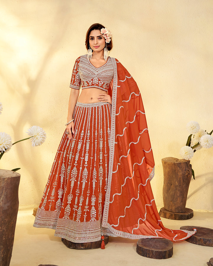 Ethereal Rust Zari Embroidered Lehenga Choli with Dupatta
