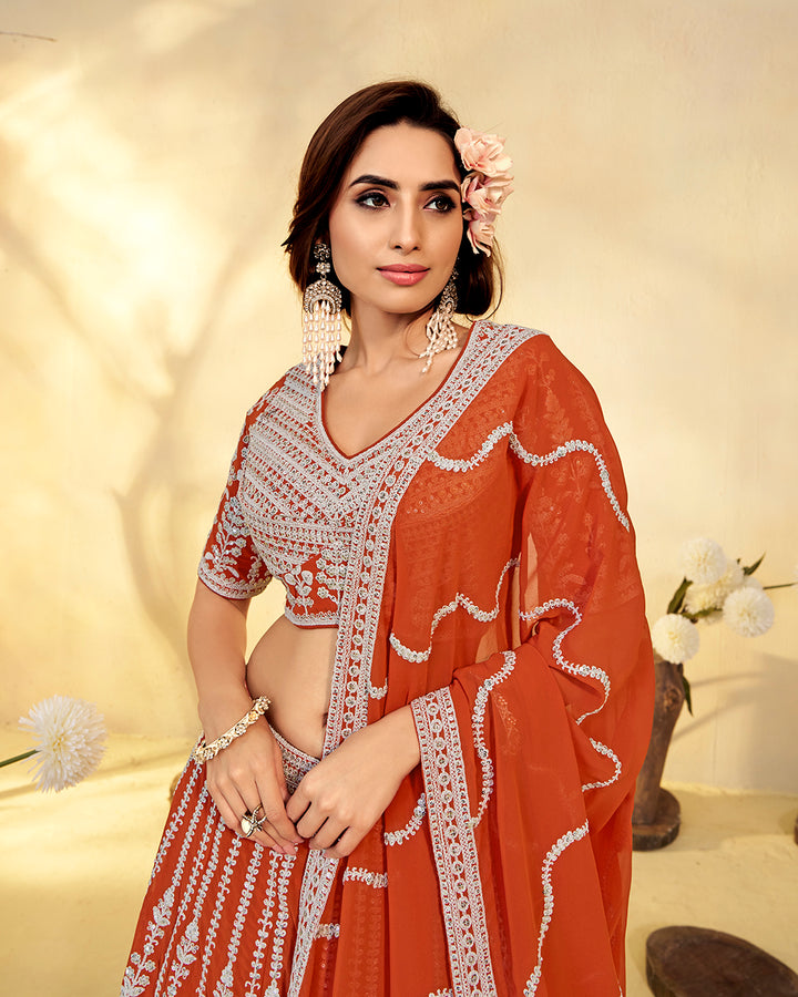 Ethereal Rust Zari Embroidered Lehenga Choli with Dupatta