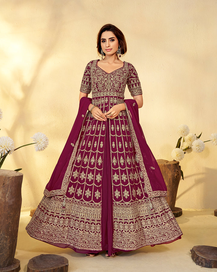 Elegant Maroon & Gold Motif Indo-Western Suit with Dupatta