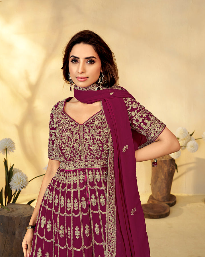 Elegant Maroon & Gold Motif Indo-Western Suit with Dupatta