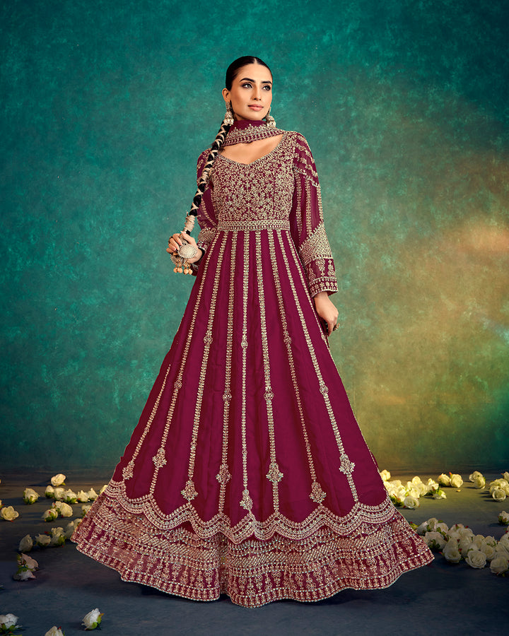 Exquisite Maroon Embroidered Anarkali Gown with Dupatta