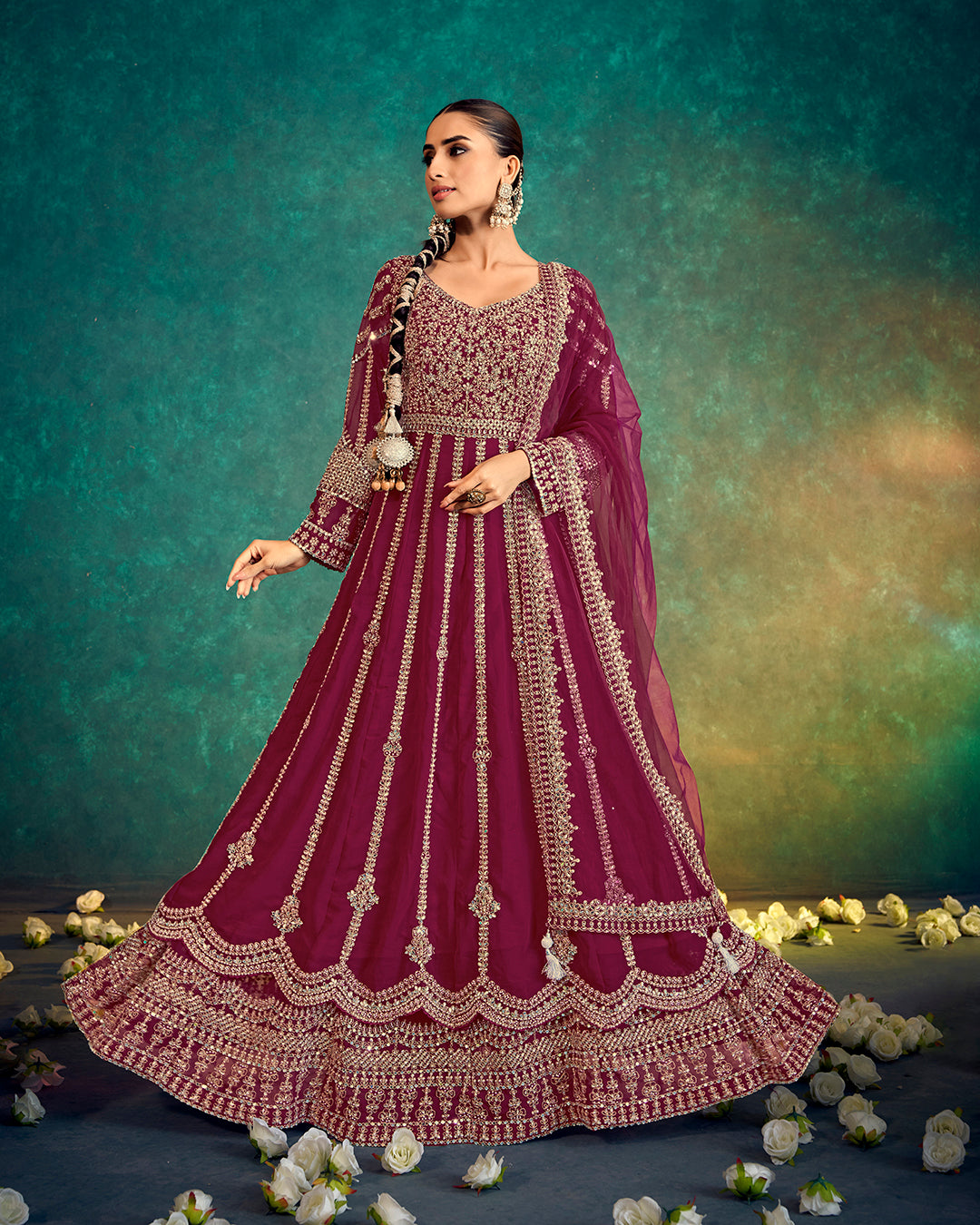 Exquisite Maroon Embroidered Anarkali Gown with Dupatta