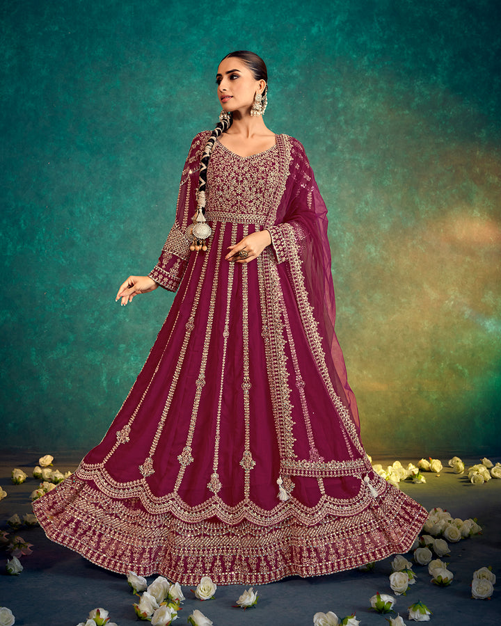 Exquisite Maroon Embroidered Anarkali Gown with Dupatta
