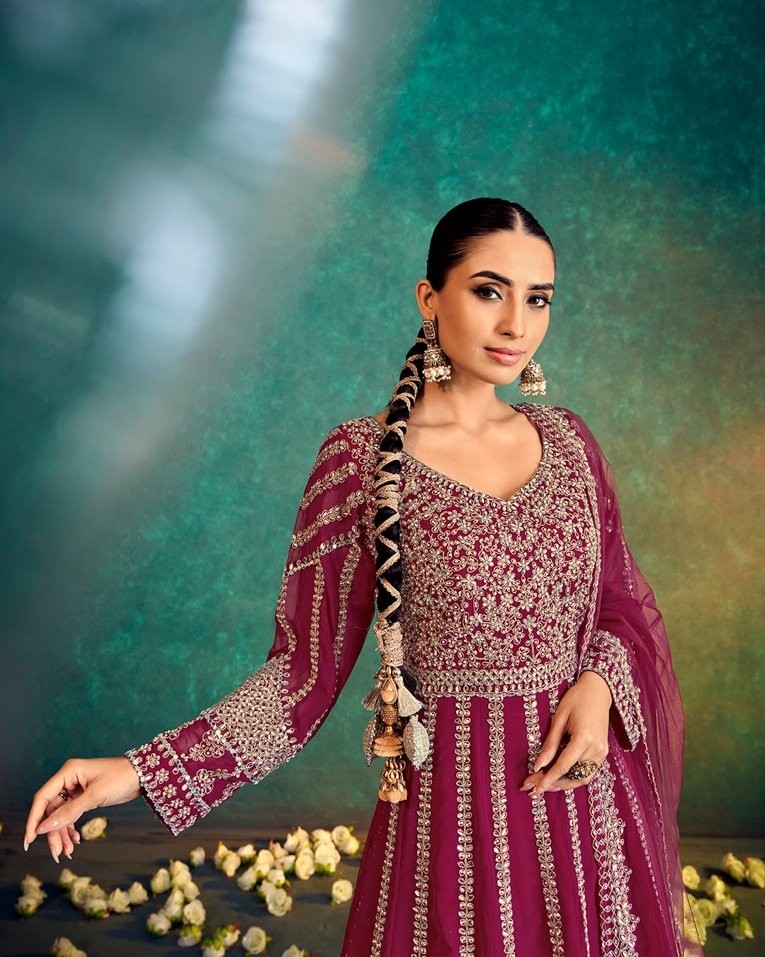 Exquisite Maroon Embroidered Anarkali Gown with Dupatta