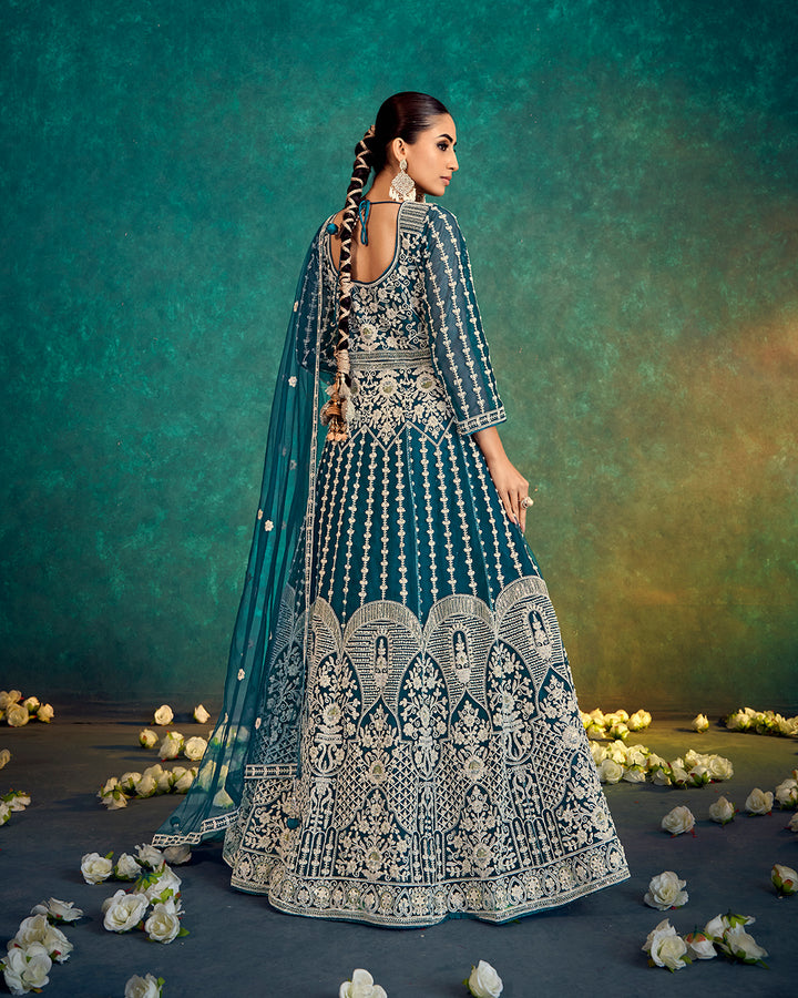 Regal Teal Embroidered Indowestern