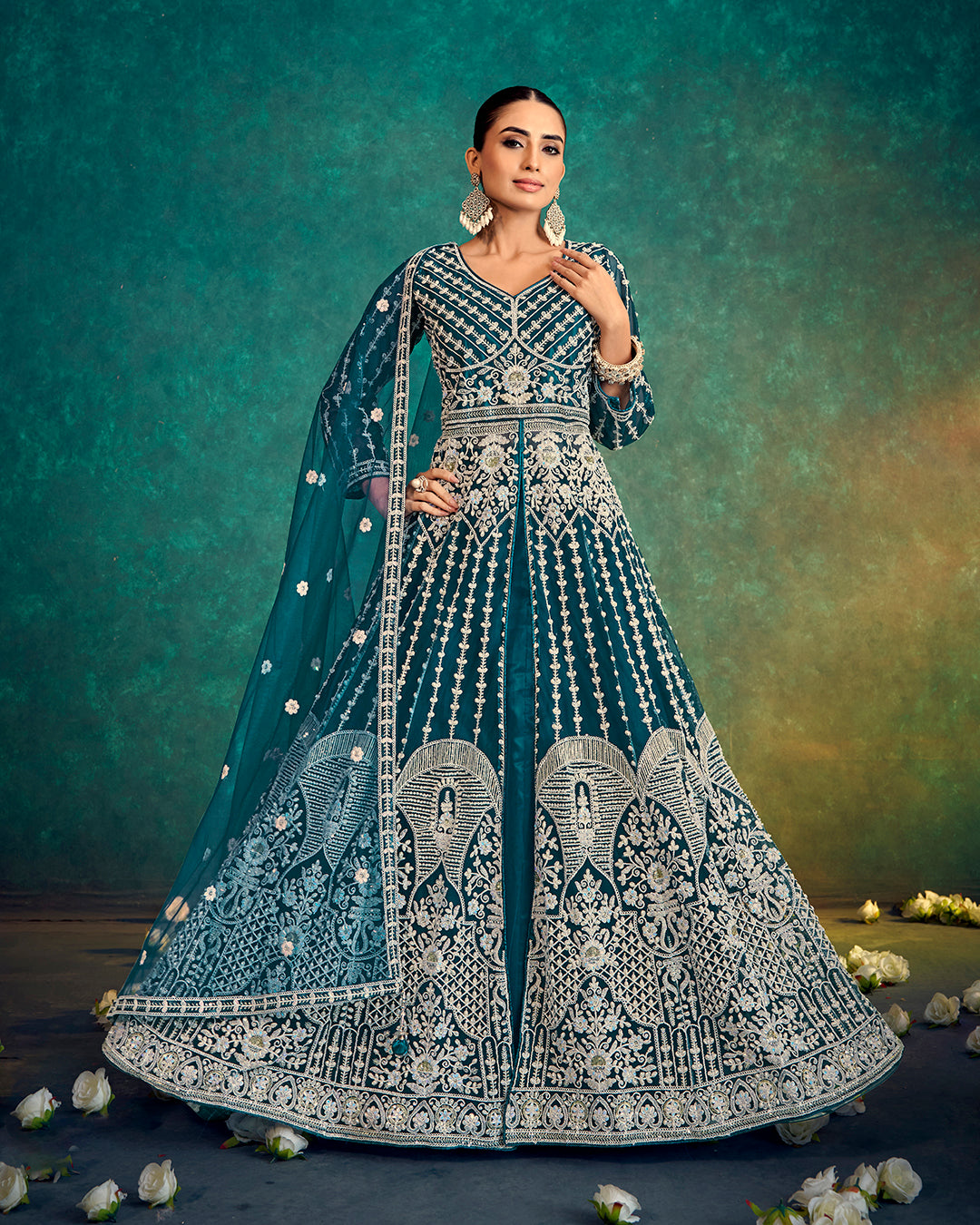 Regal Teal Embroidered Indowestern